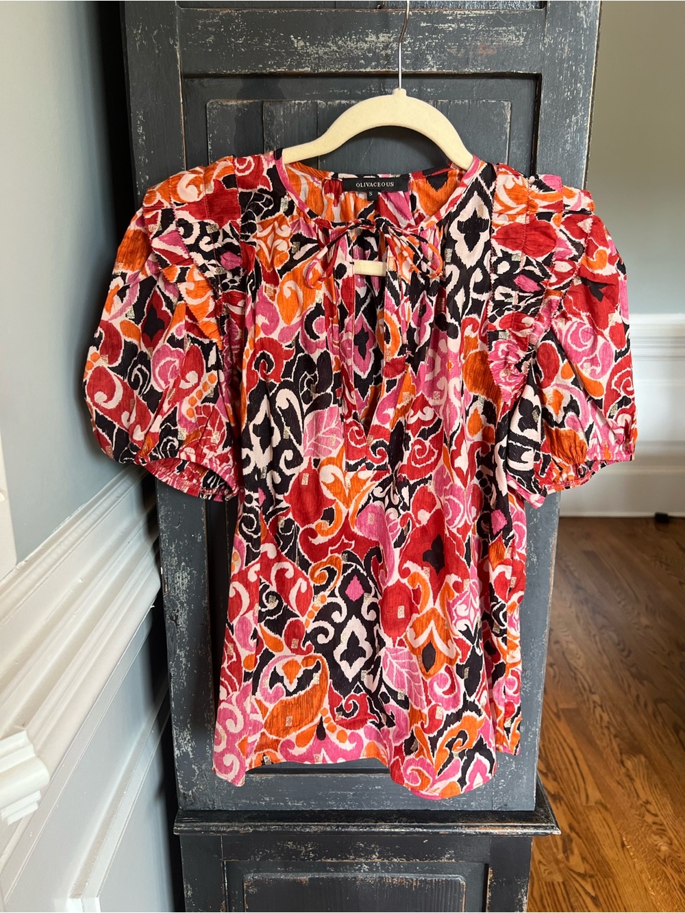 Olivaceous Sandra Multicolor Floral Puff-Sleeve Blouse Sz S